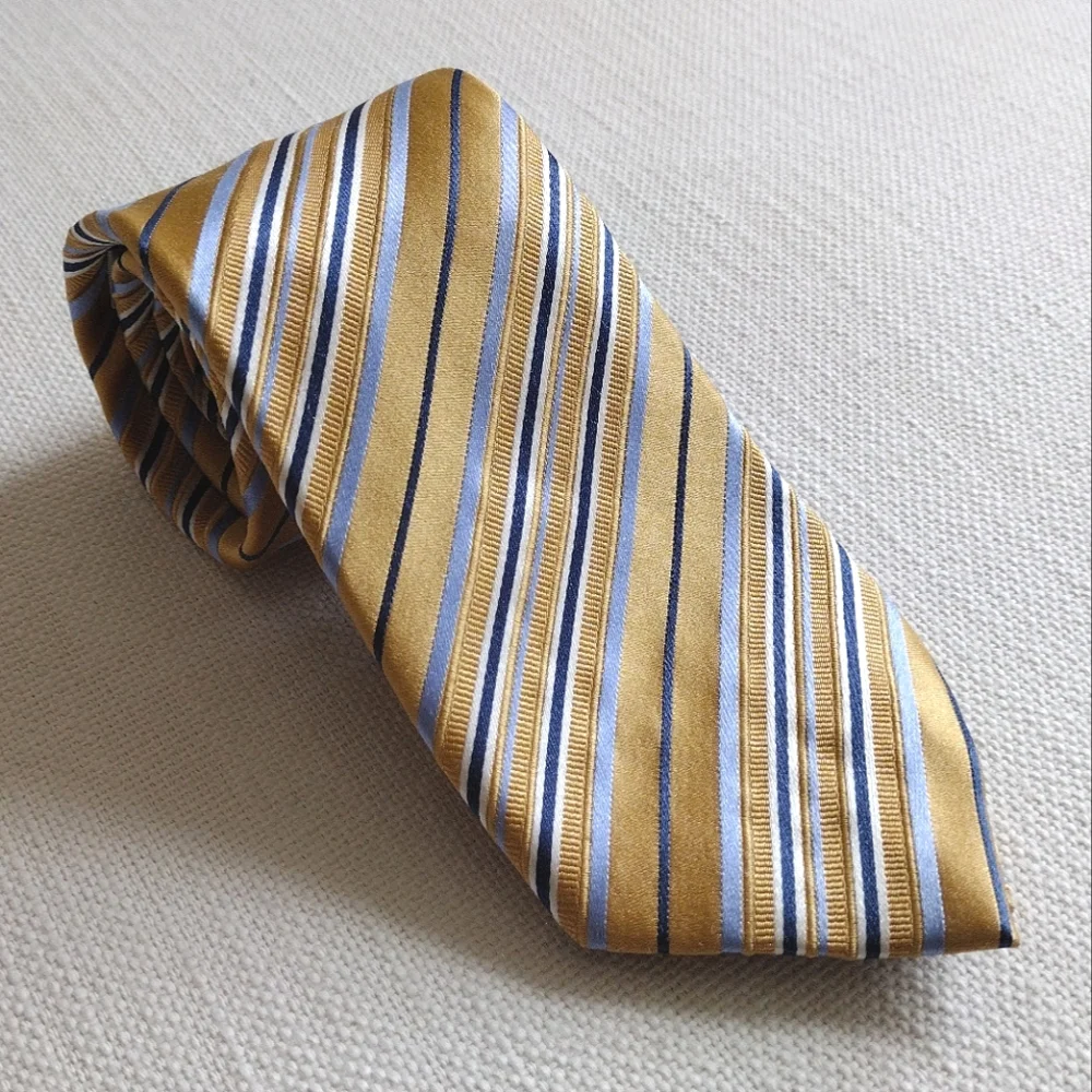 Silk Geoffrey Beene Gold, Silver, and Blue Striped Tie